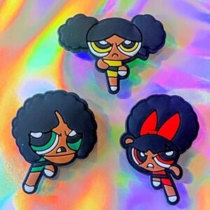 3x Black Powerpuff Girls Shoe Charms Decoration Girl Pink Colorful Boat Clog